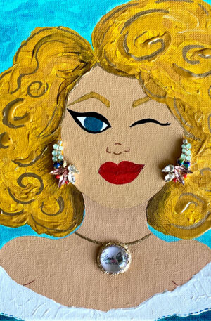 Beach Babe, Mixed Media, Acrylic, Jewels, 10x10 - by Lisa Craven