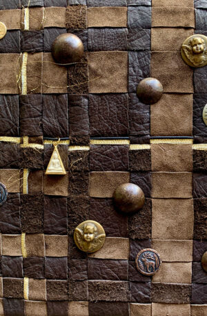 COVID Chess, Mixed Media, Leather, Buttons, 10x10 - by Debra KealKahn
